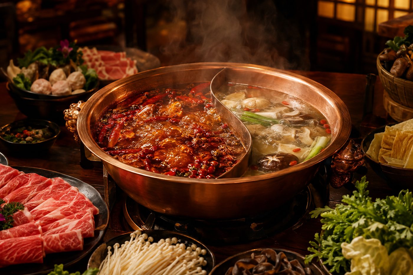 Copper hot pot with spicy and herbal broth, surrounded by fresh meat and vegetables