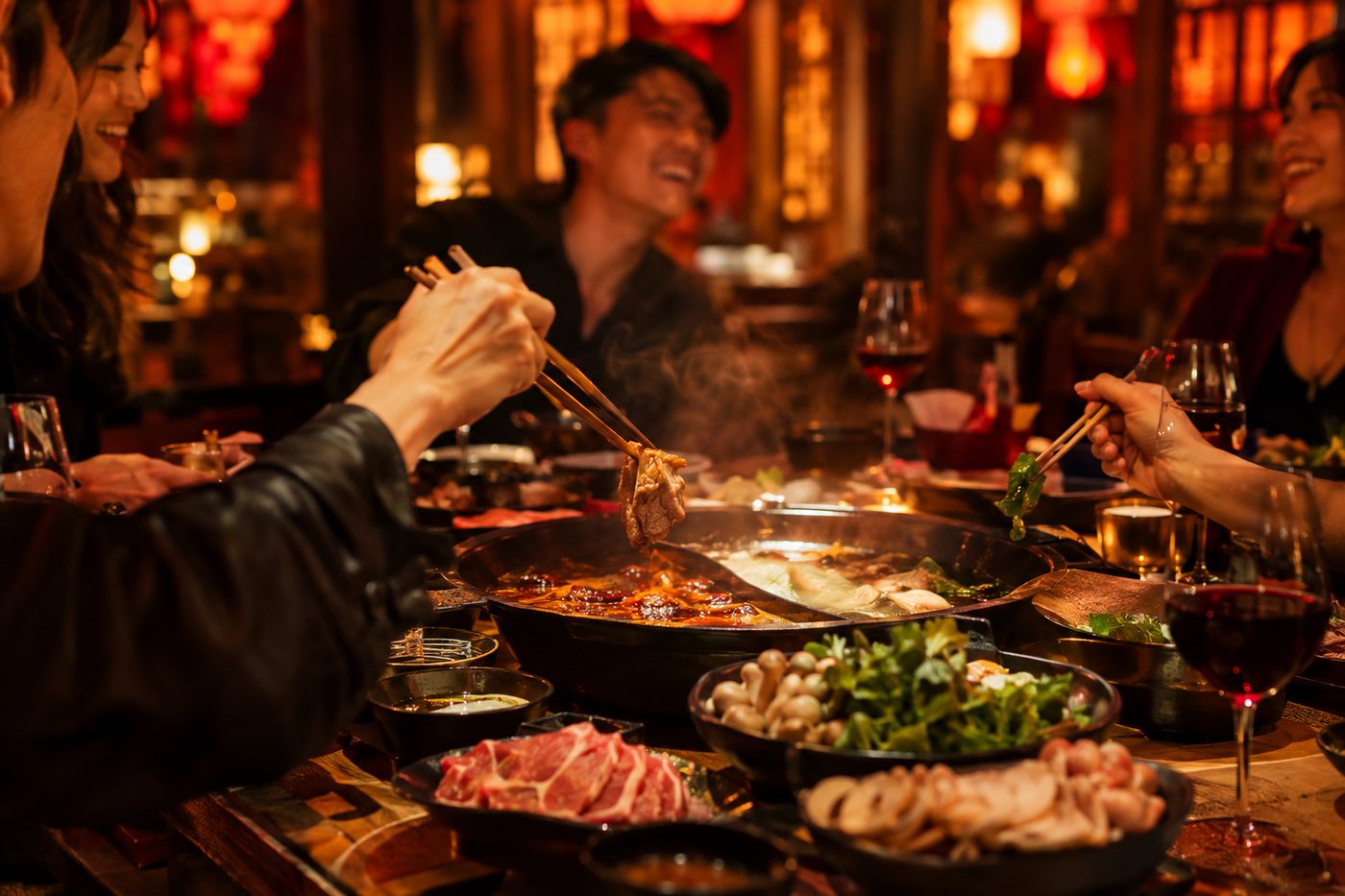 Friends sharing hot pot together at Er Pang
