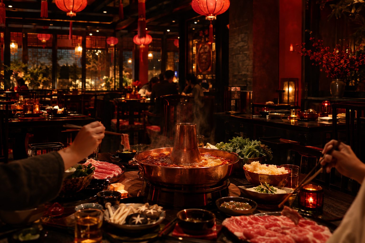 Diners sharing a bubbling copper hot pot beneath red lanterns at Er Pang