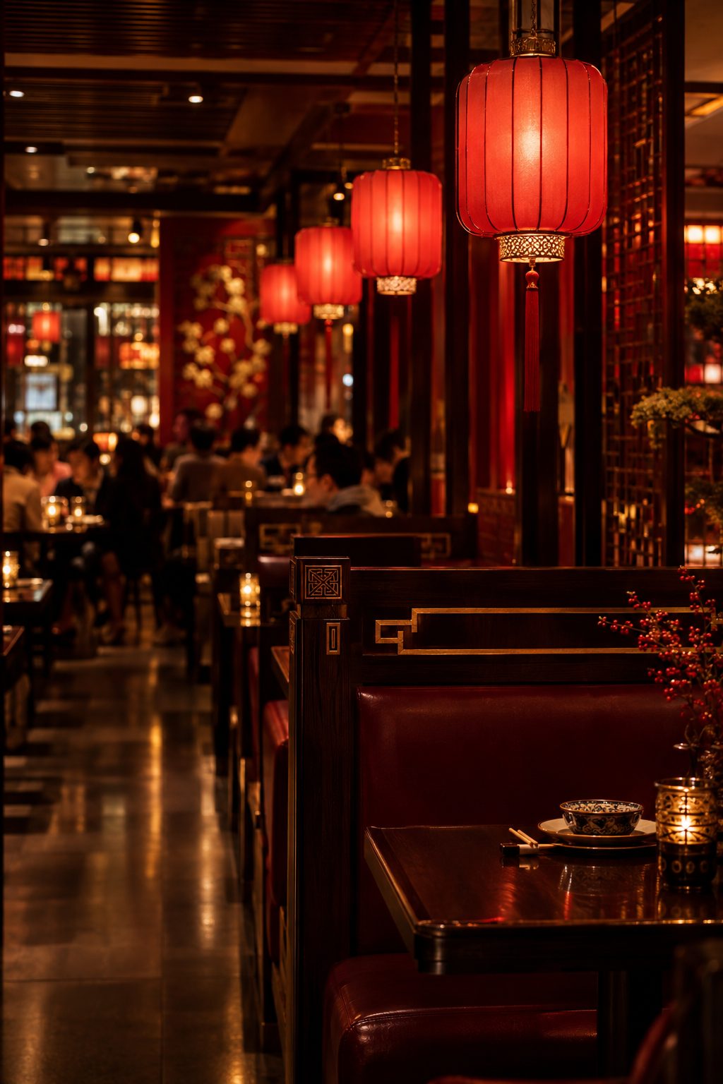 Warm, lantern-lit dining room at Er Pang with dark timber booths
